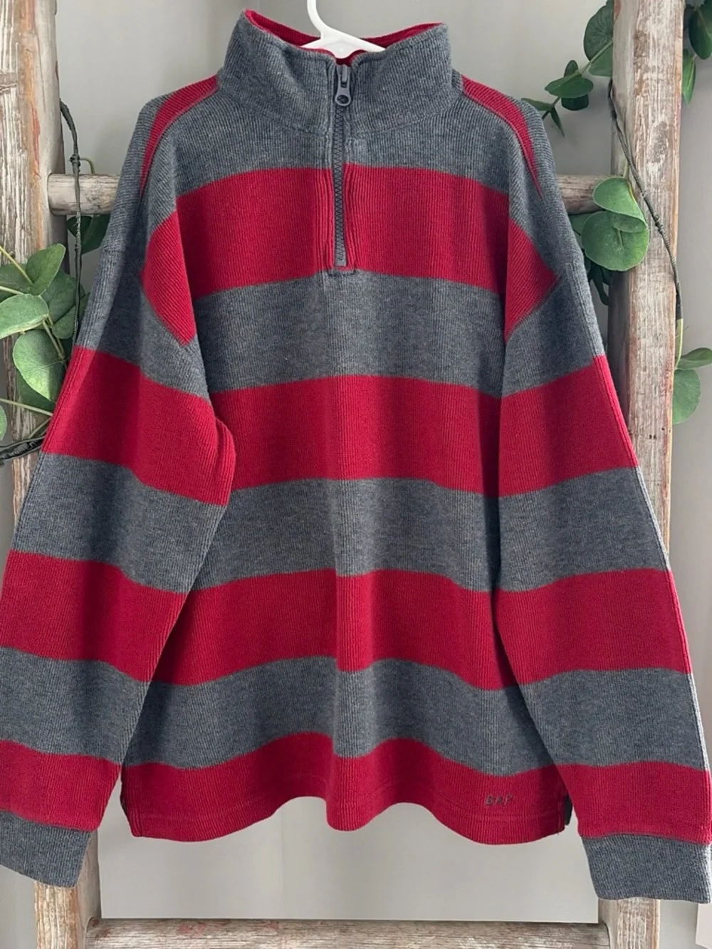 GAP Red and Gray Striped Half-Zip Sweater